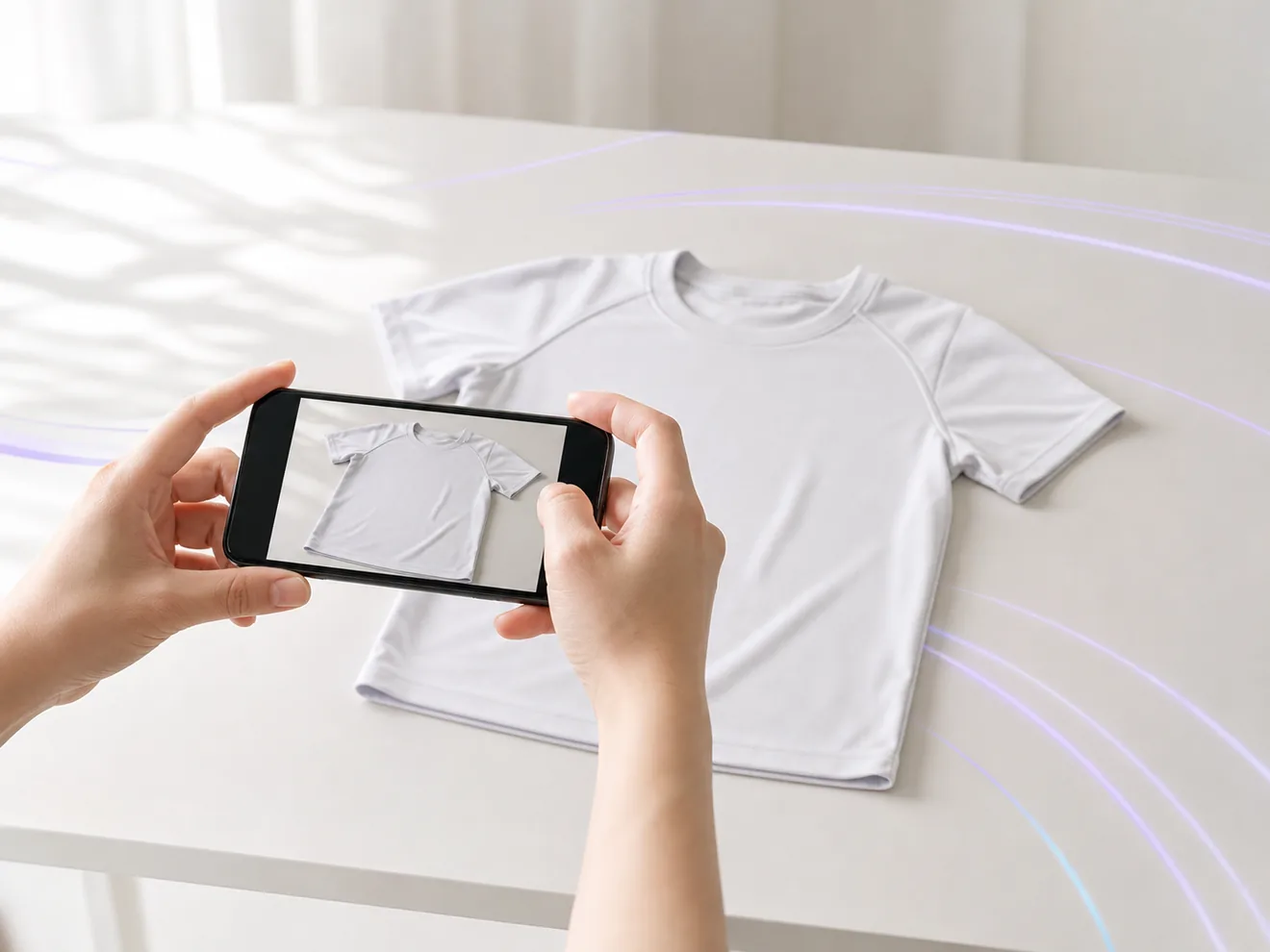 衣類をスマートフォンで真上から撮影している手元